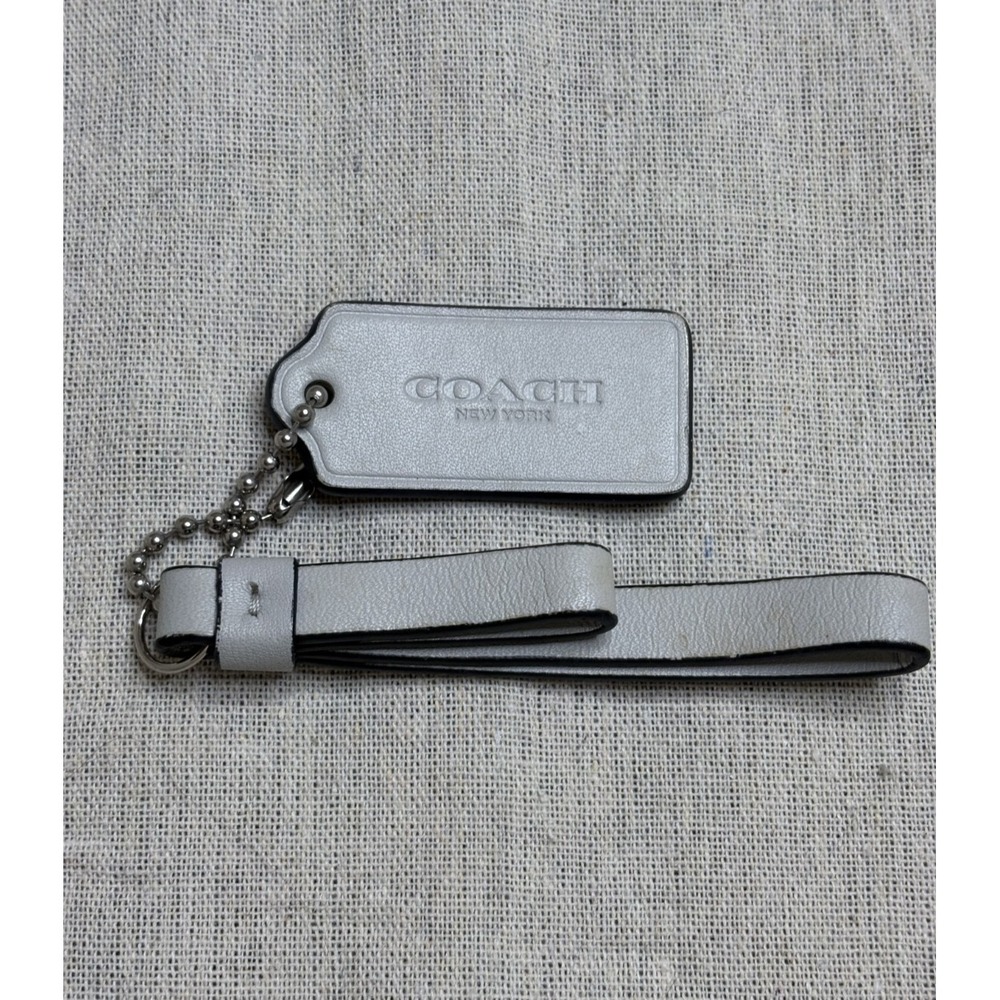 COACH 2.25" Hang Tag Bag Charm Gray Leather, Silver Ball Chain & Wristlet Strap